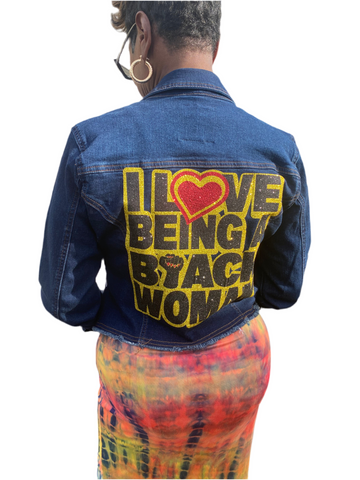 I love being a black women cropped dark denim jacket