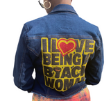 I love being a black women cropped dark denim jacket